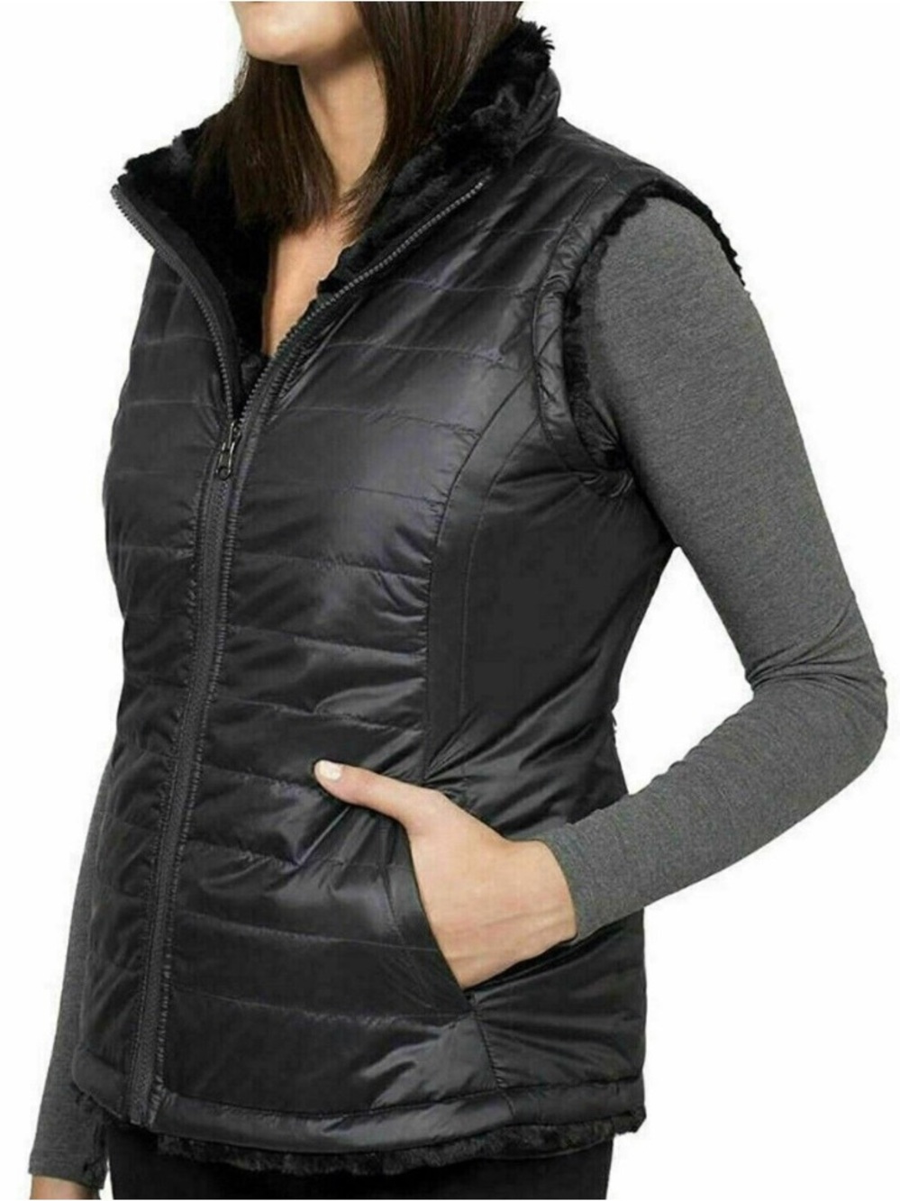Nicole Miller Reversible Women's Black Quilted Puffer Vest with Sherpa Trim